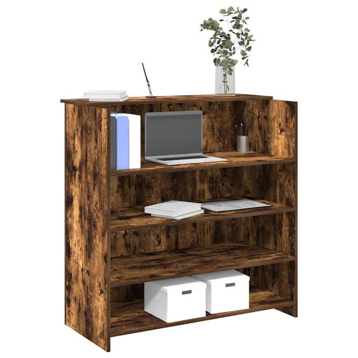 Bücherregal aus Holz mit Gegenständen wie Laptop, Büchern und dekorativen Pflanzen, auf weißem Grund.