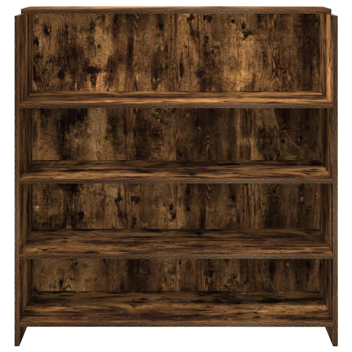 Ein Bücherregal aus Holz mit vier Regalen. Das Holz hat ein dunkles, abgenutztes Aussehen.