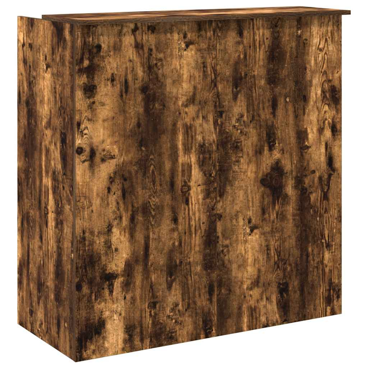 Ein Holzschrank. Der Schrank ist braun mit Holzmaserung und einer flachen Oberseite.