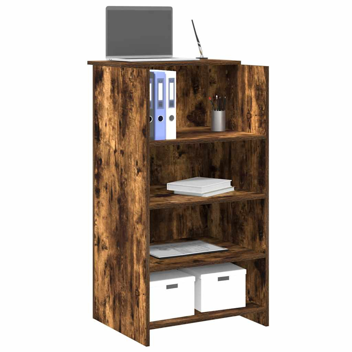 Ein Holzregal mit Büchern, Akten und einem Laptop.