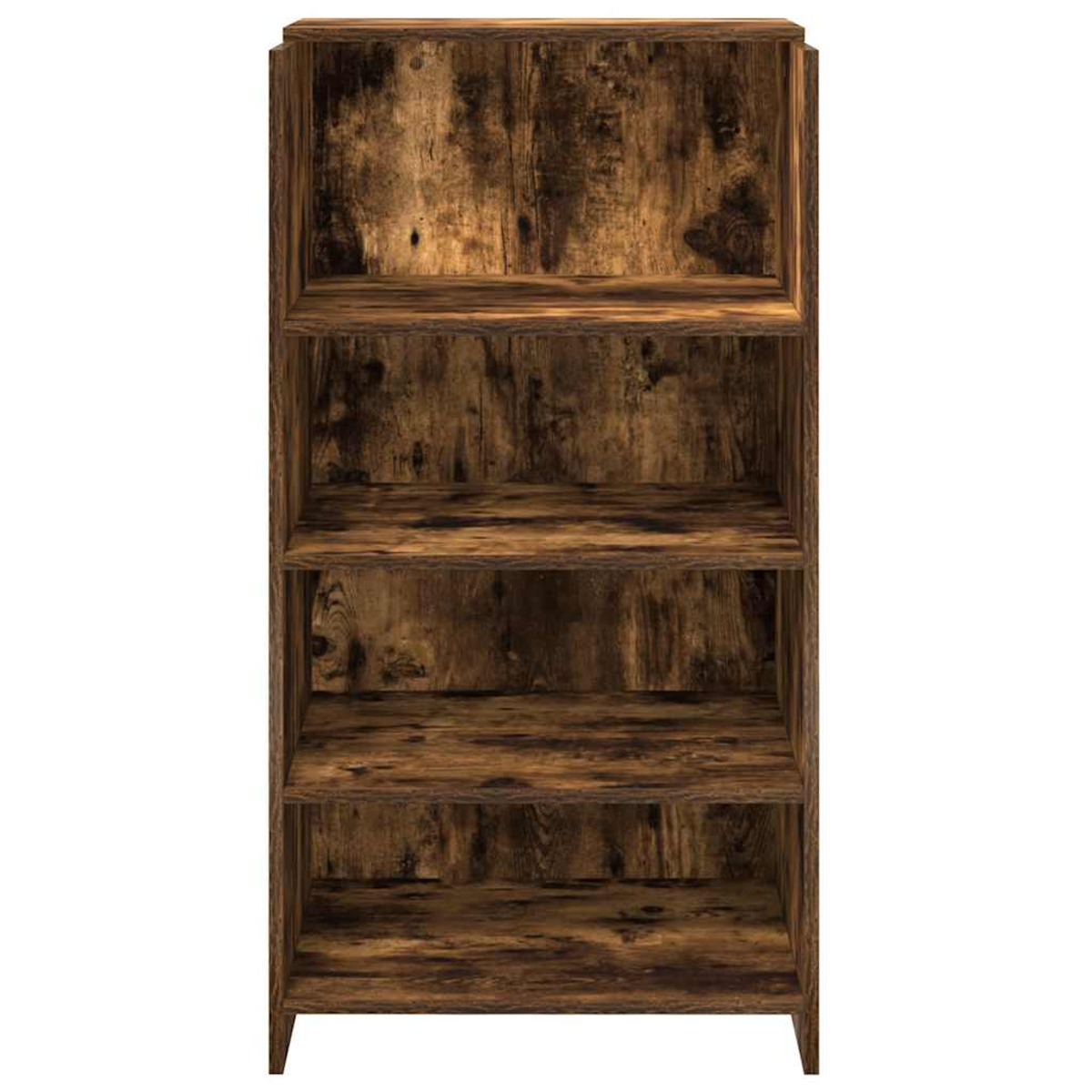 Ein Bücherregal aus Holz mit vier Regalen. Das Holz hat einen Used-Look. Der Hintergrund ist weiß.