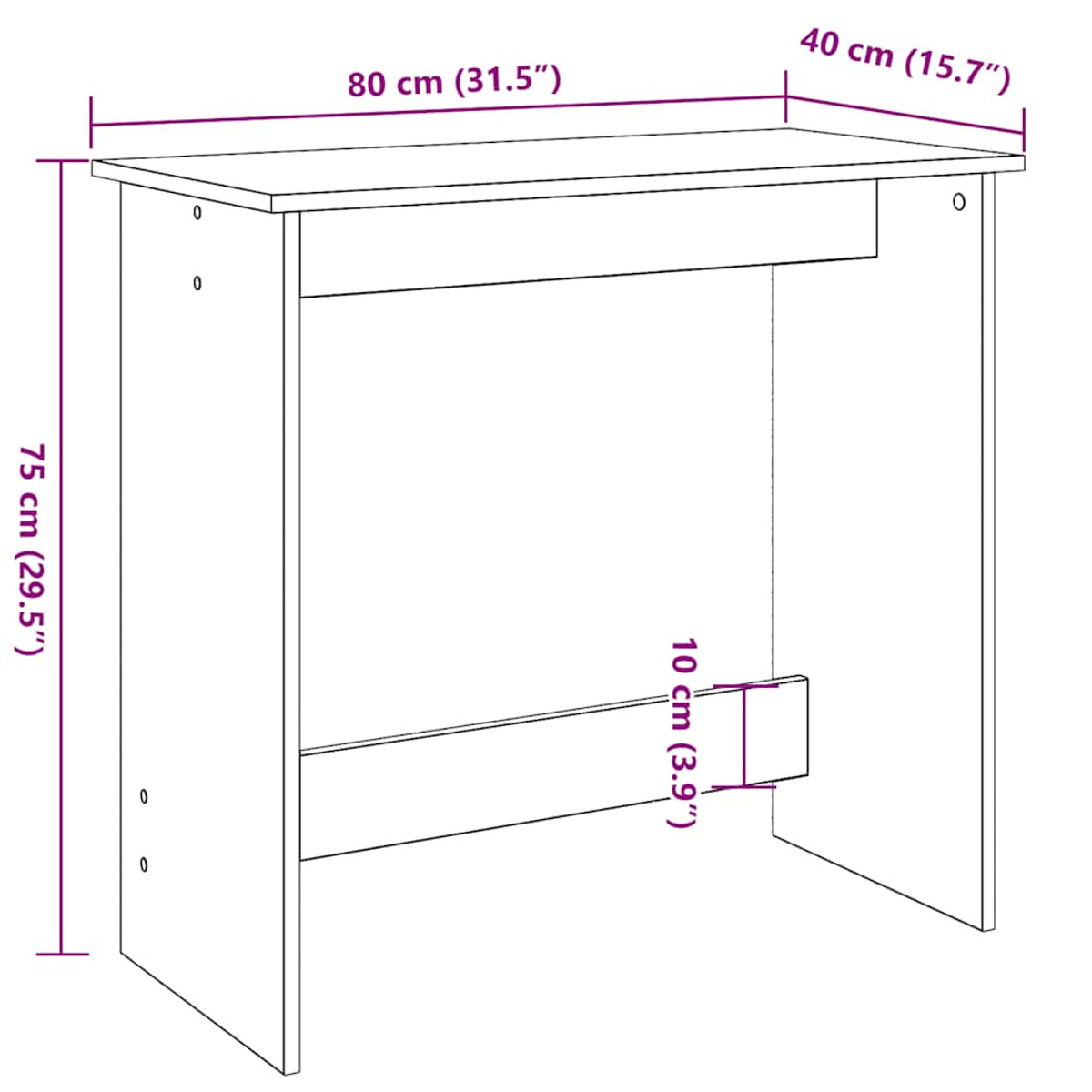Ein weißer Tisch mit Maßangaben: 80cm lang, 40cm breit, 75cm hoch, 10cm Platz.