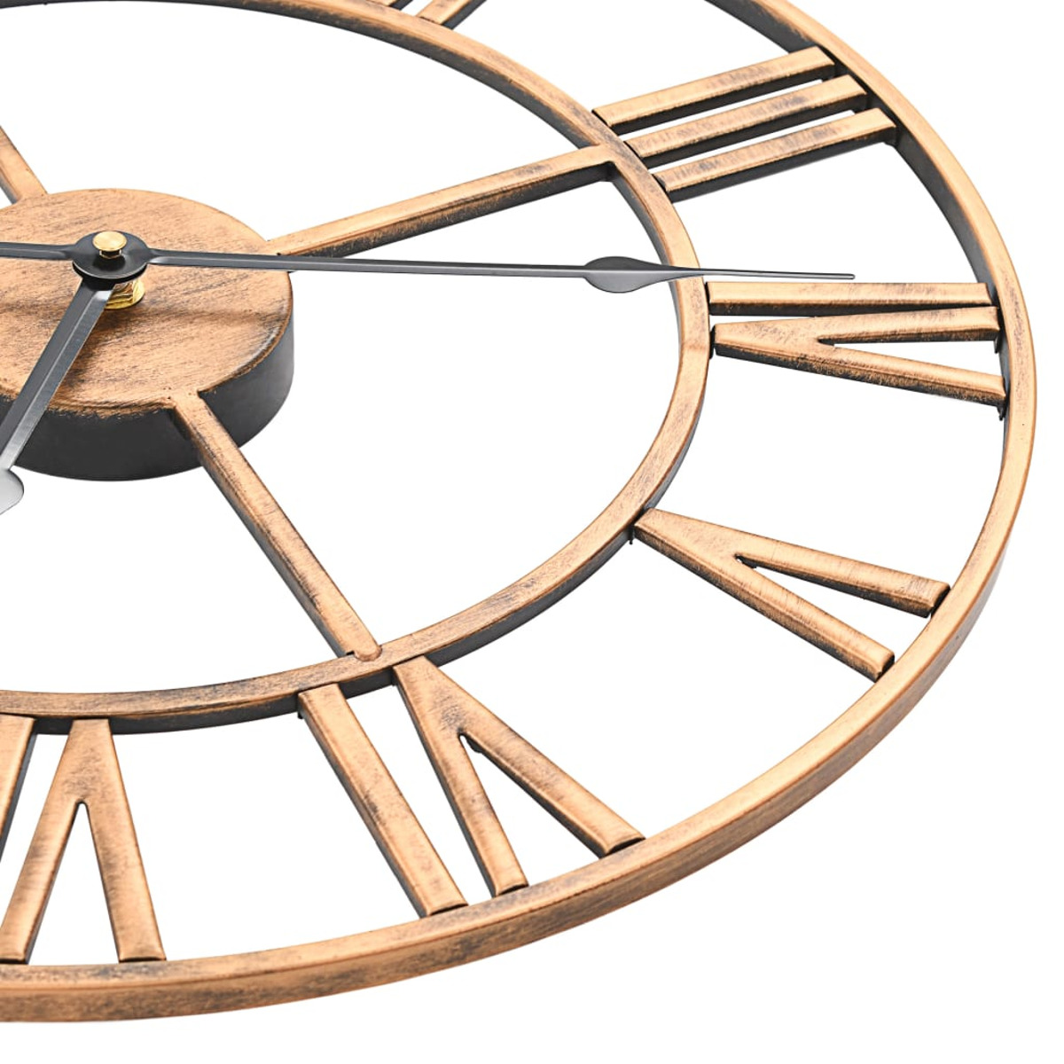 Quadrante dell'orologio color bronzo con numeri romani e lancette nere.