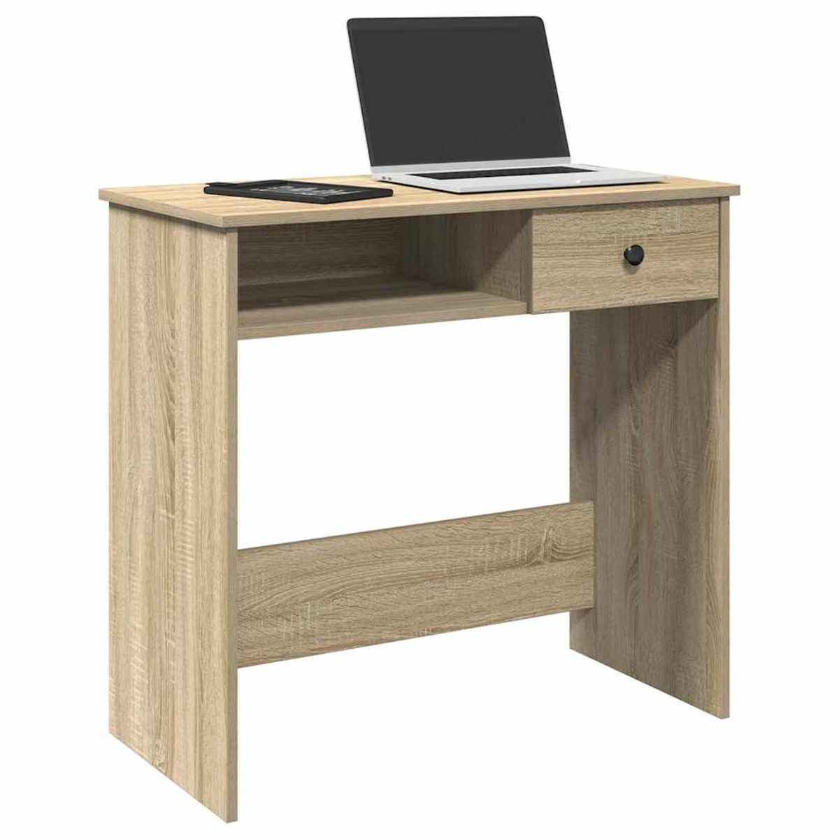 Holzschreibtisch mit Schublade und Ablage. Laptop und Tablet oben. Helle Holzstruktur.