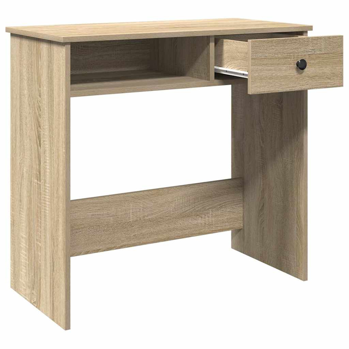 Ein hellbrauner Holzschreibtisch mit einer Schublade, die sich rechts öffnet. Er hat ein kleines Regal und eine Beinauflage.