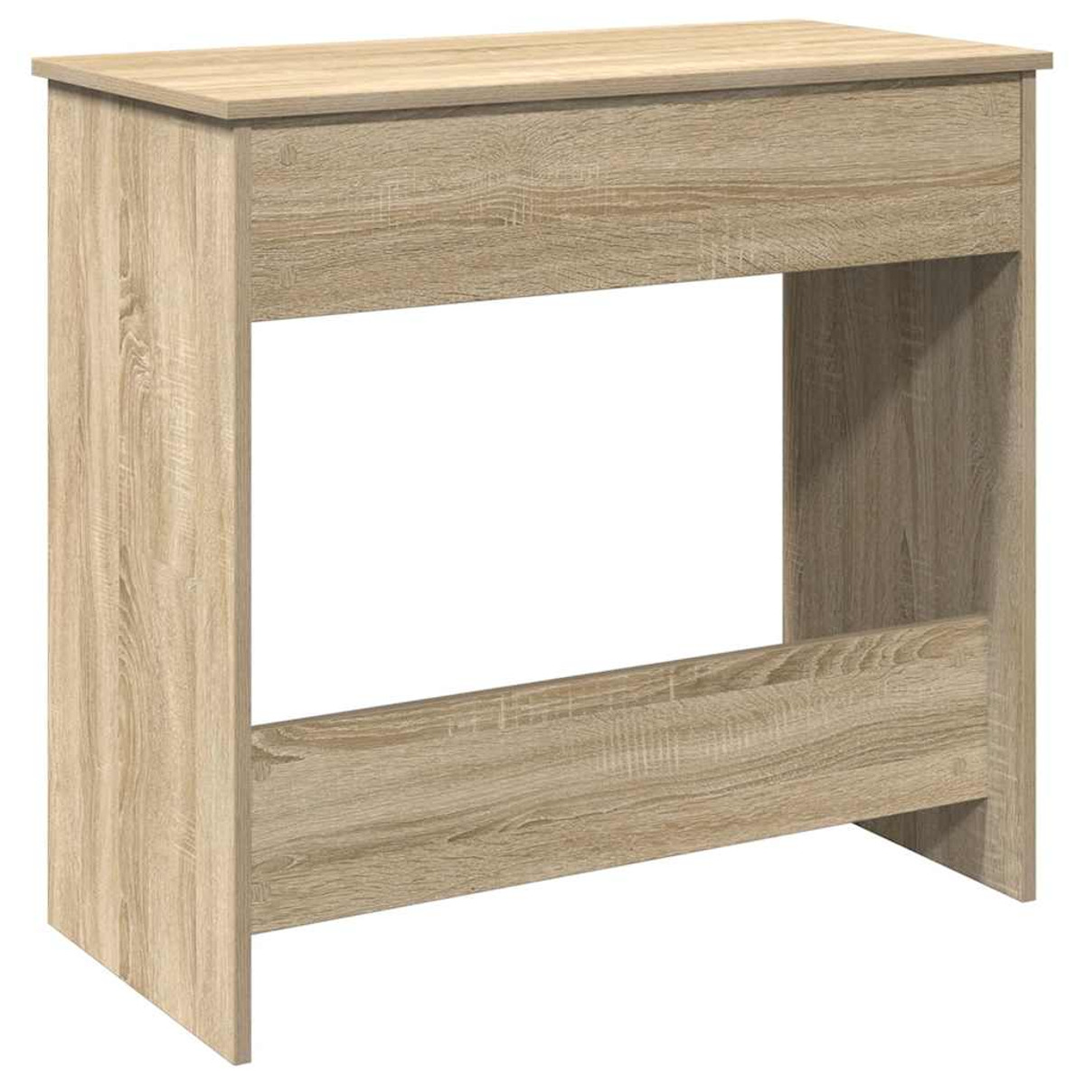 Ein hellbrauner Holzkonsolentisch mit Schublade und offenem Regal.
