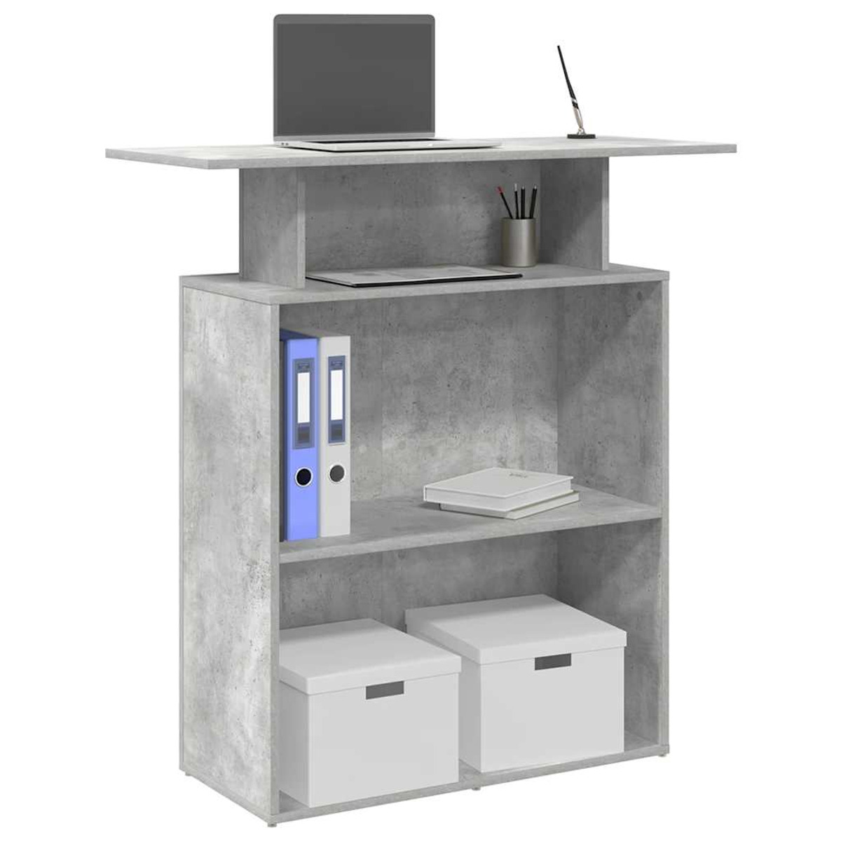 Ein grauer Schreibtisch im Beton-Stil mit Regalen, einem Laptop und Aufbewahrungsboxen.
