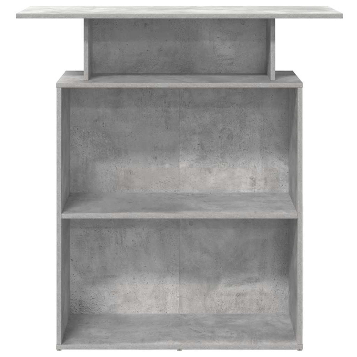 Graues Bücherregal im Beton-Stil mit drei Regalböden und einer Oberseite, isoliert auf weißem Hintergrund.