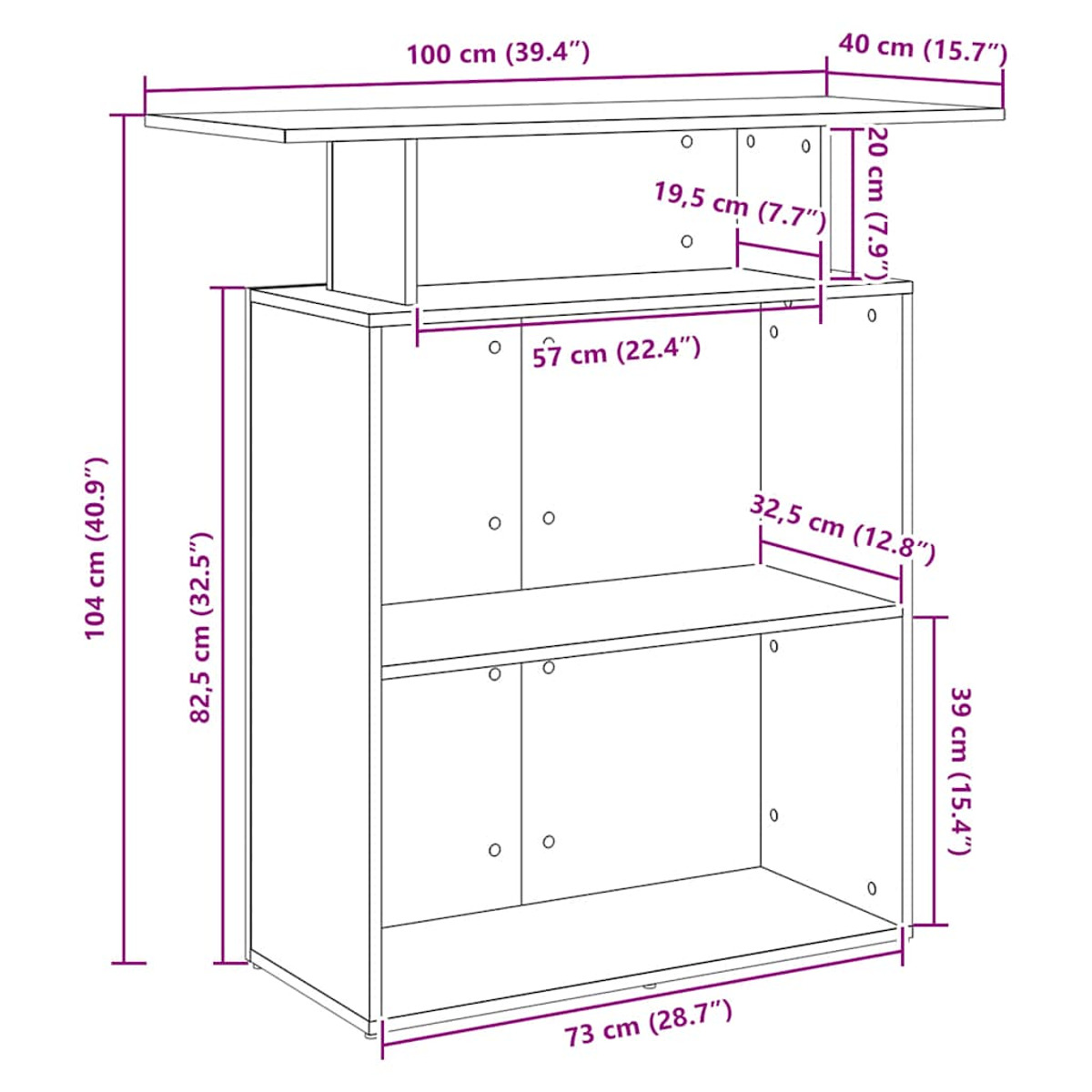Ein Holzschrank mit Regalen und Maßangaben. Der Schrank hat eine rechteckige Form.