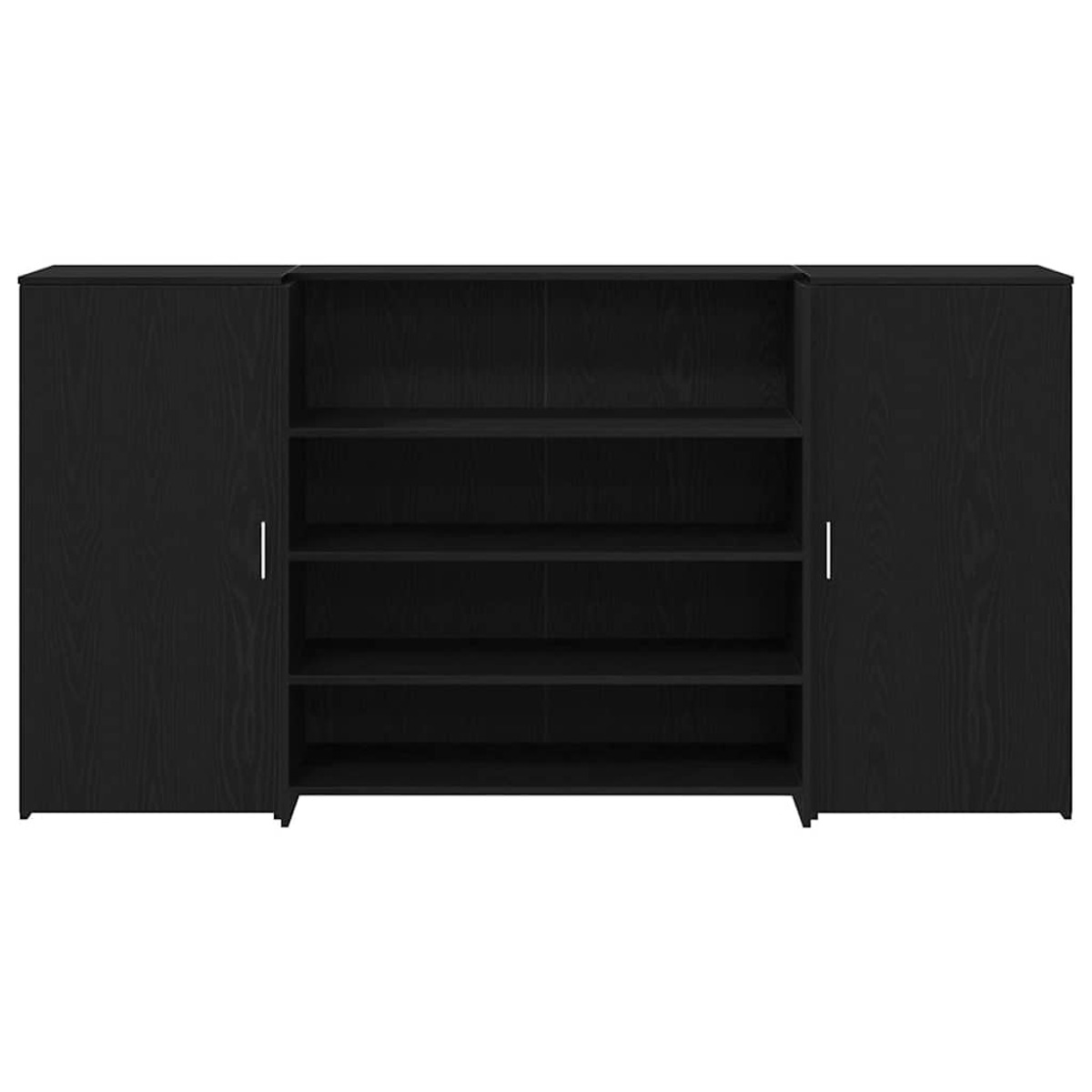 Schwarzer Holzschrank mit Türen und offenen Regalen.