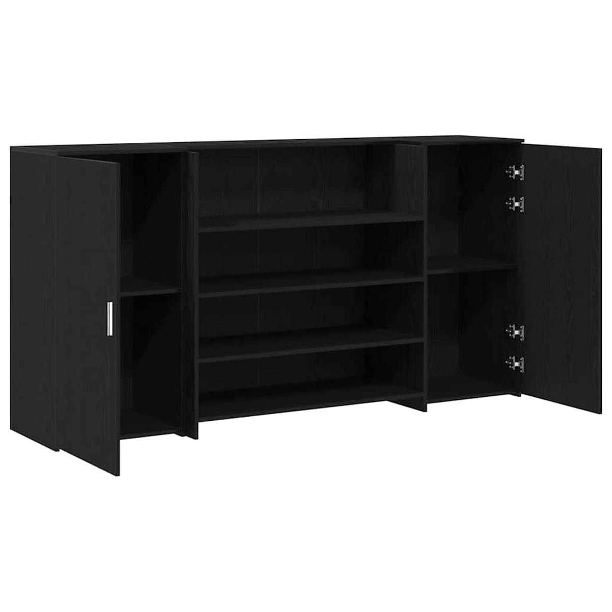 Schwarzer Holzschrank mit offenen Türen, Regale sichtbar. Dunkles Interieur.