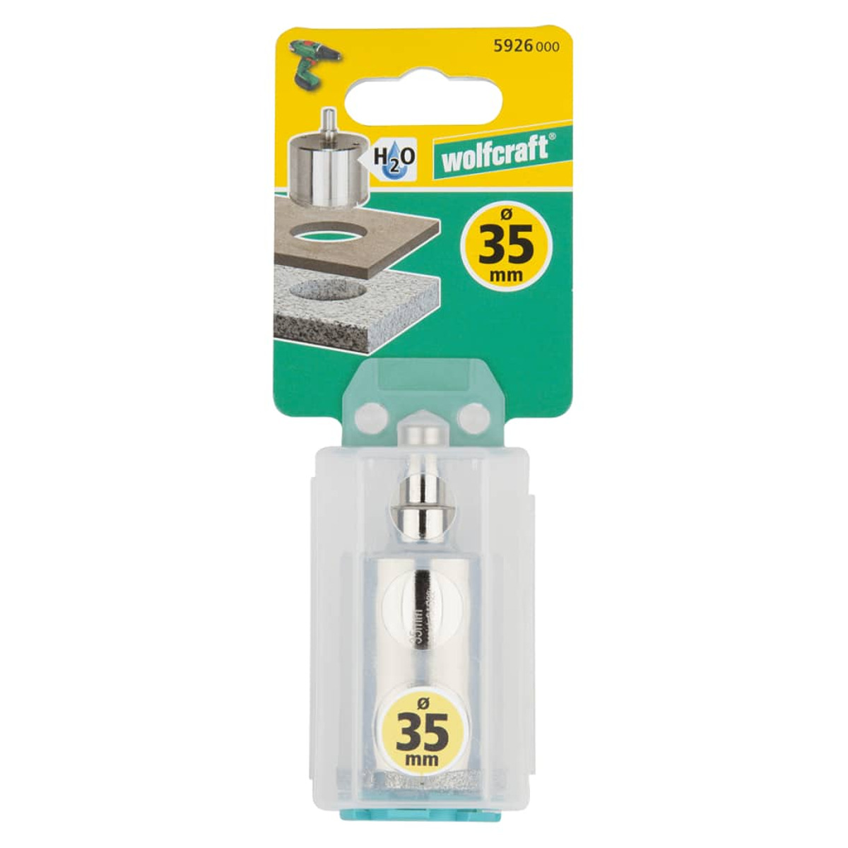 Ein Bohrer-Set zur Herstellung von 35-mm-Löchern. Es ist in einer transparenten Kunststoffverpackung mit grüner Rückwand.