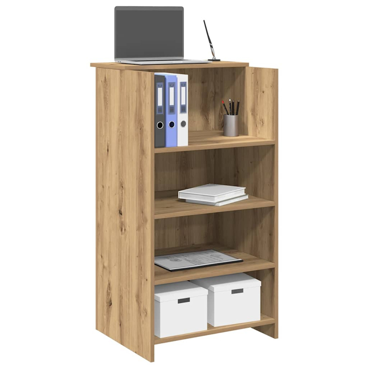 Holzschrank mit Regalen, Laptop, Ordnern, Stiften und weißen Boxen.