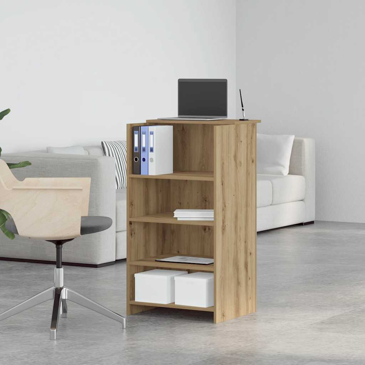 Hölzerner Büroschrank mit Regalen, einem Laptop und zwei weißen Boxen. Weißer Hintergrund.