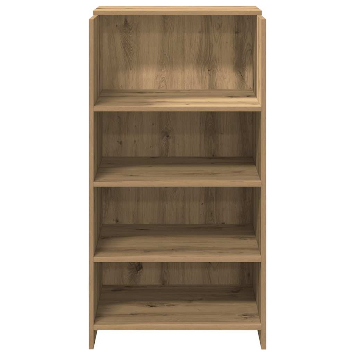Bücherregal aus Holz mit vier Regalböden. Die Regalböden sind mit Büchern und Gegenständen gefüllt.