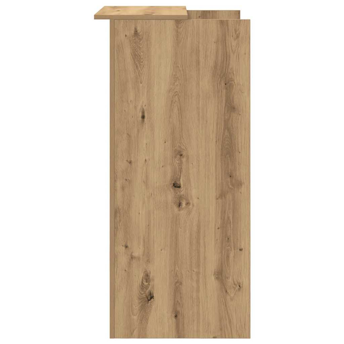 Holzplatte mit Holzmaserung und kleinem Regal oben.