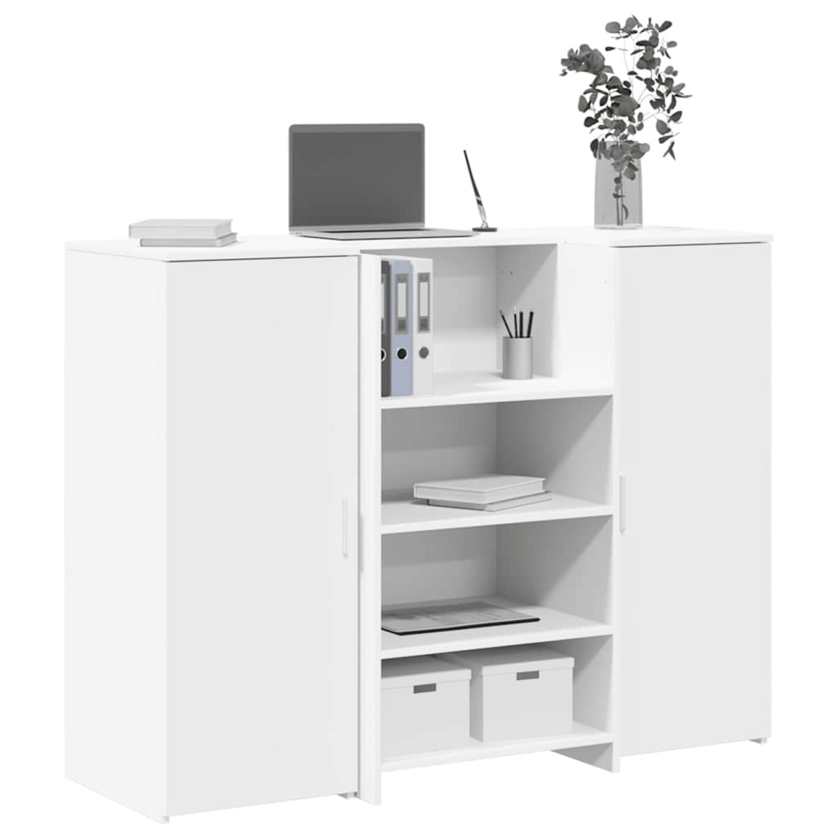 Ein weißer Schrank mit offenen Türen, der Regale mit Gegenständen wie Akten, Büchern, einem Laptop und Boxen zeigt.
