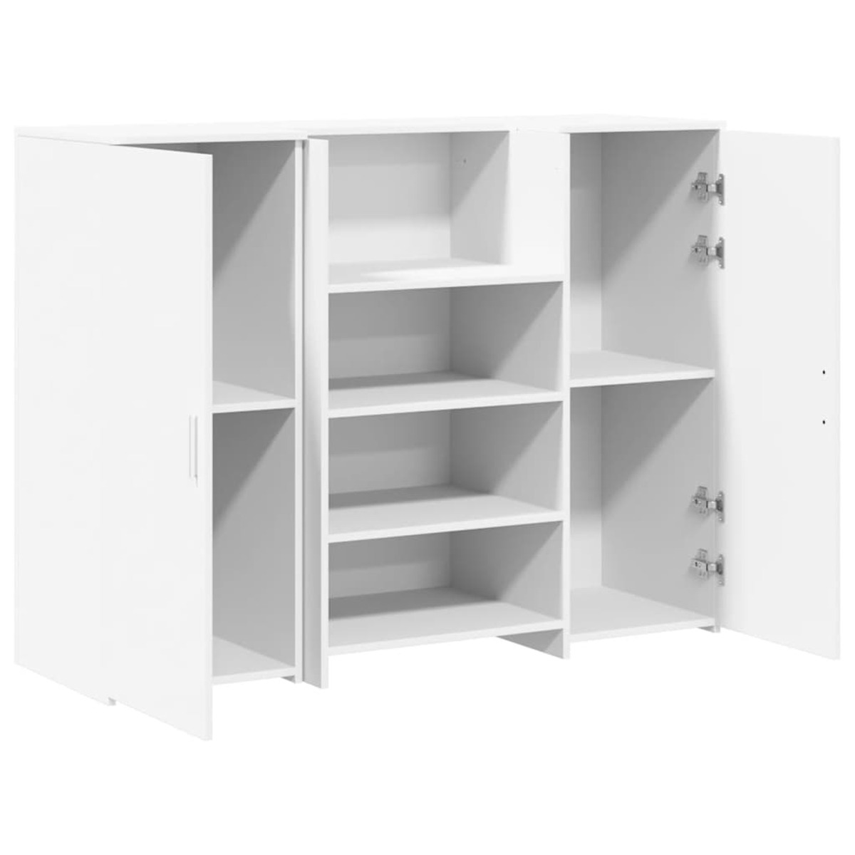 Weißer Schrank mit drei Sektionen, zwei Türen offen, mit sichtbaren Regalen.