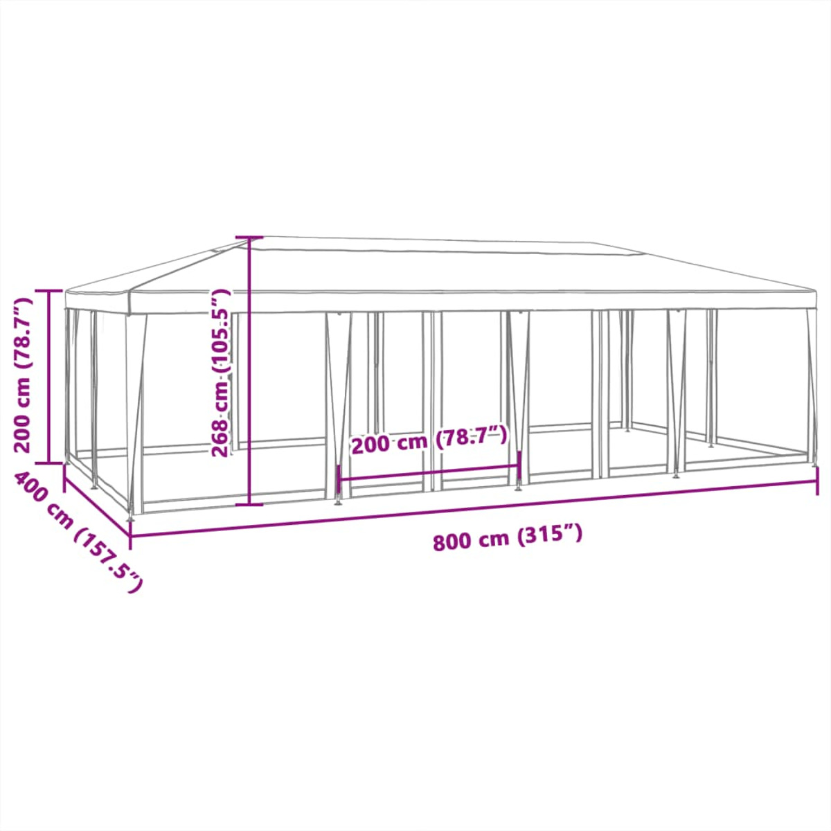 Diagramma di un gazebo rettangolare con dimensioni in centimetri e pollici.