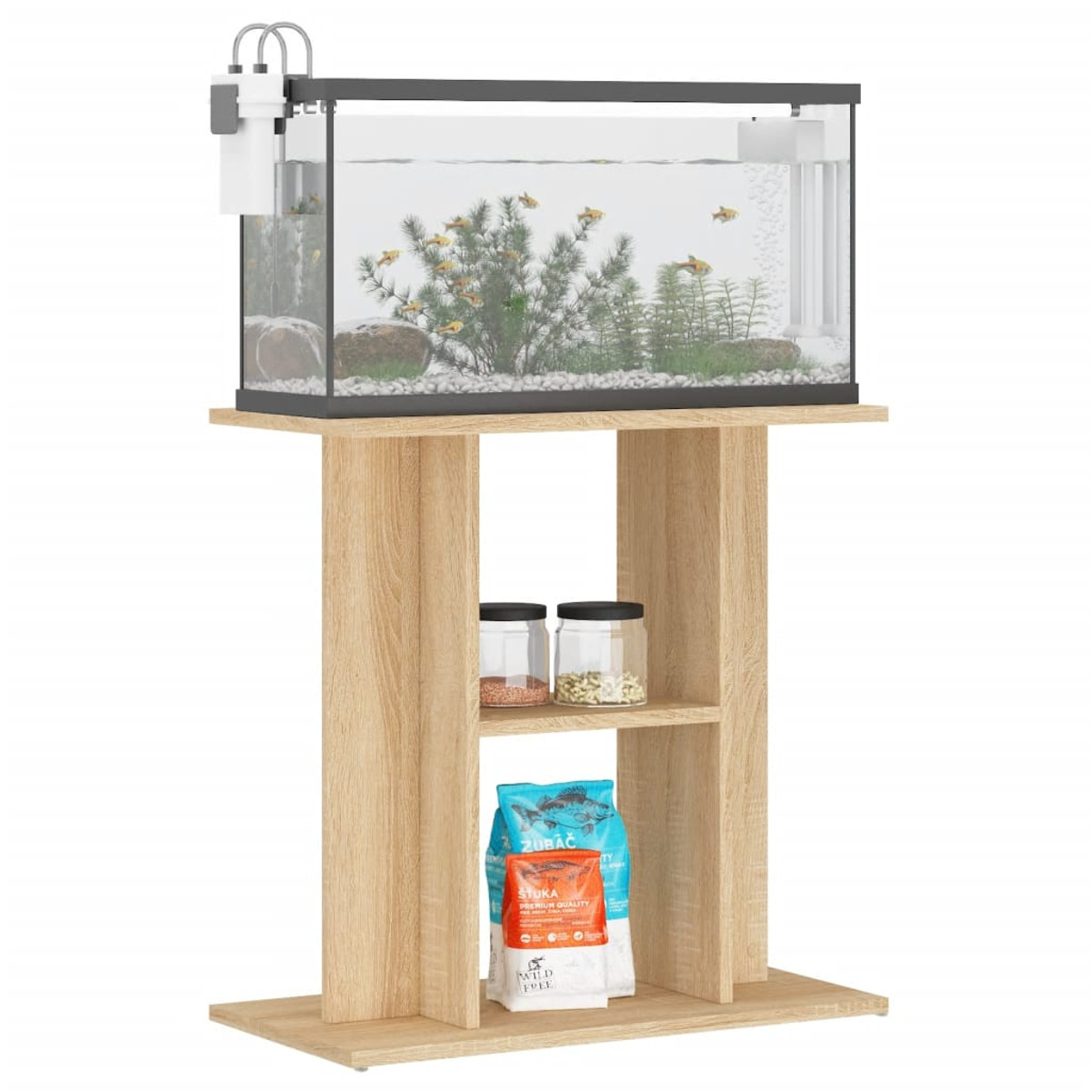 Ein Aquarium auf einem hellen Holzständer mit Zubehör und Fischen im Inneren.