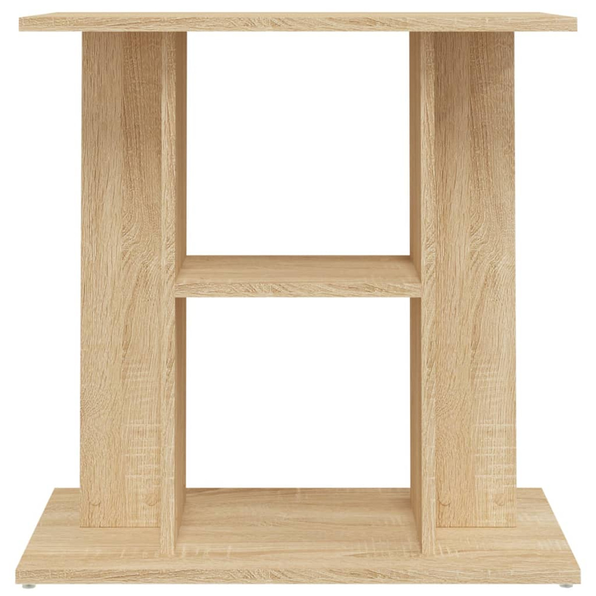 Holztisch mit H-förmigem Design. Hellbraunes Finish, zwei vertikale und eine horizontale Stütze.
