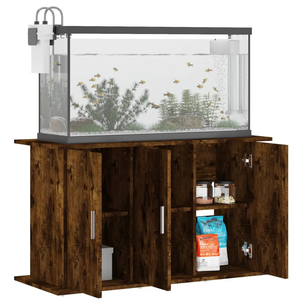 Ein Aquarium steht auf einem Holzschrank. Der Tank hat Fische, Pflanzen und Dekorationen. Essen wird unten gelagert.