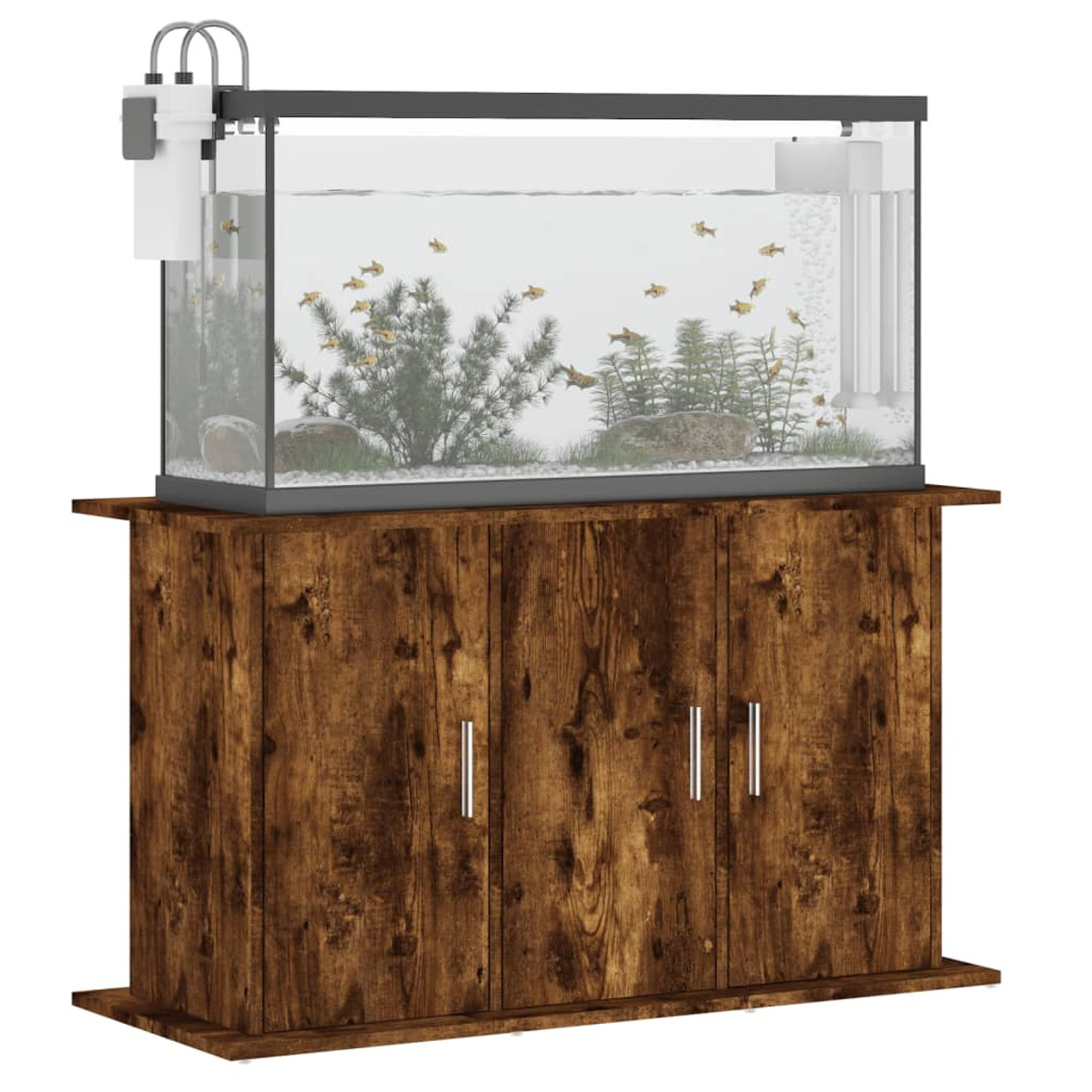 Aquarium auf Holzständer, mit Pflanzen und Fischen, weißer Hintergrund.