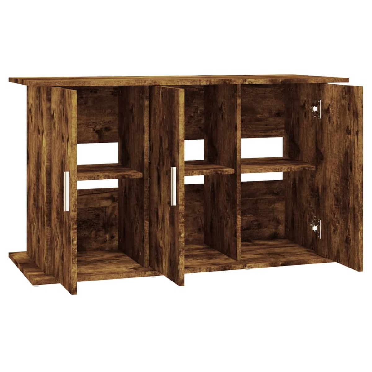 Ein Holzschrank mit offenen Türen, der Regale im Inneren freigibt.