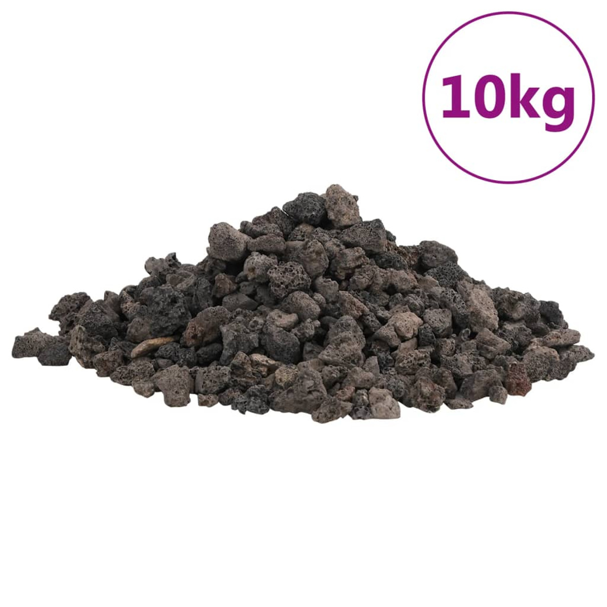 Un mucchio di rocce laviche grigio scuro. Un cerchio viola con l'etichetta da 10 kg.