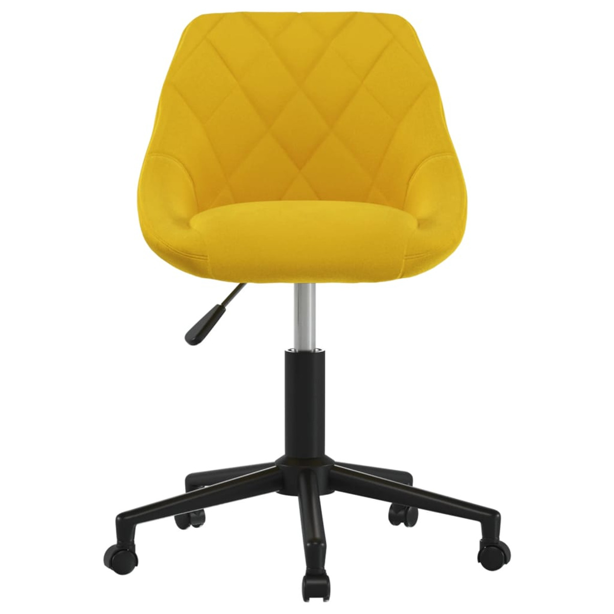 Gelber Bürostuhl, Rautenmuster, schwarzes Gestell, vor weißem Hintergrund.