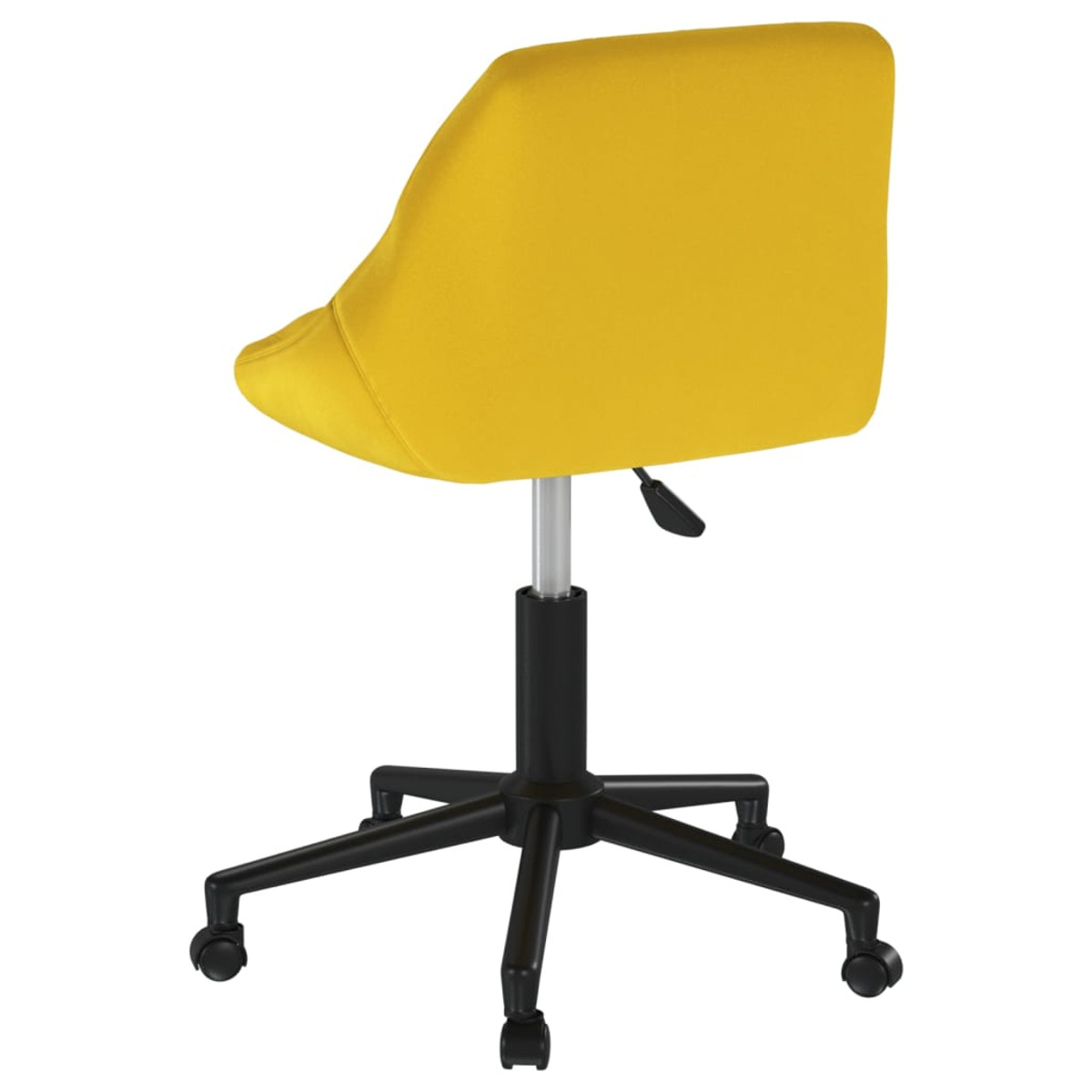 Gelber Bürostuhl von hinten. Schwarzes Gestell mit Rollen.