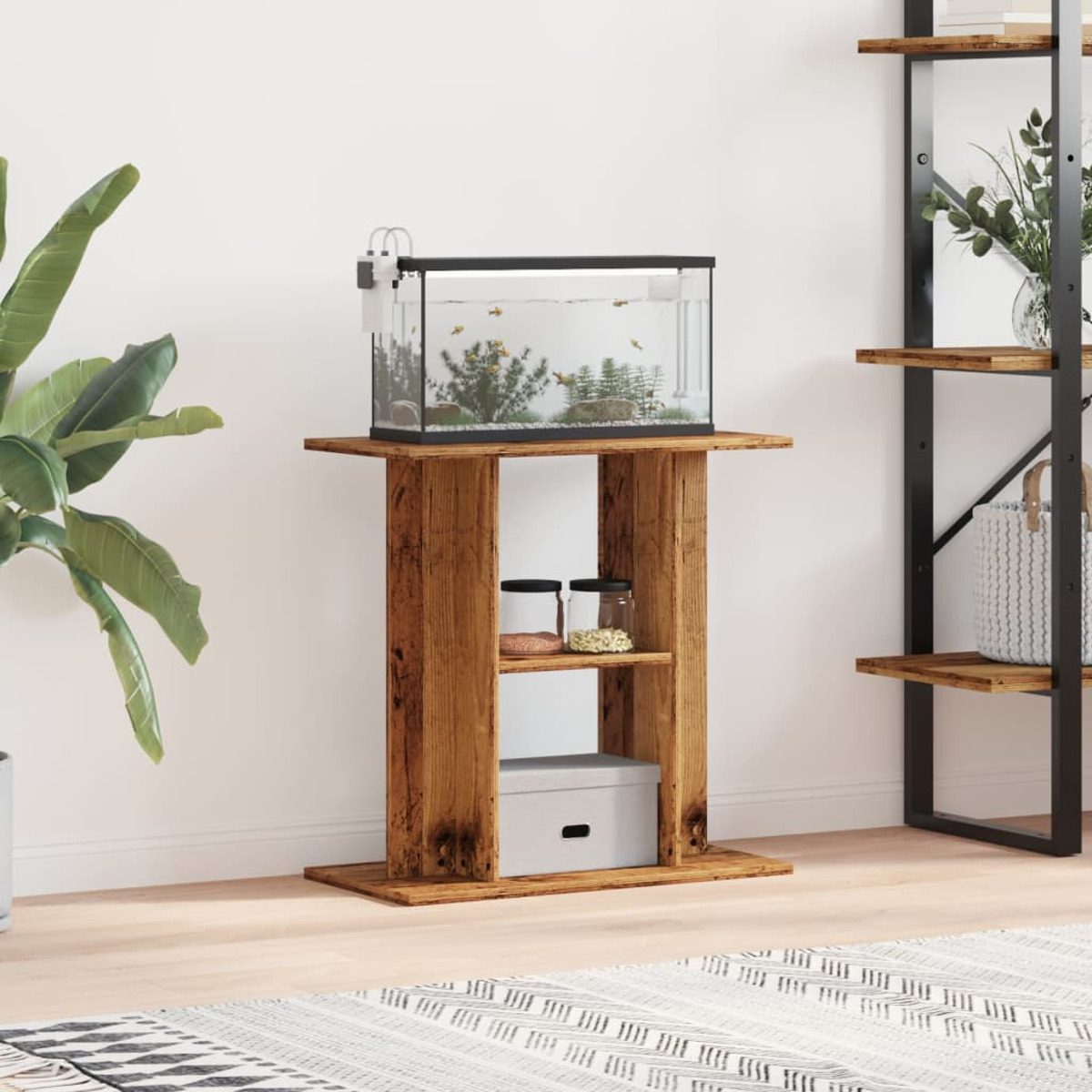 Aquarienstand aus Holz mit Aquarium, Gläsern und dekorativem Regal.