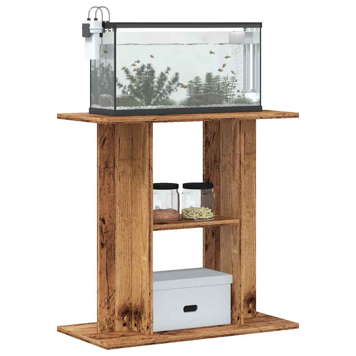 Aquarium auf einem Holzständer mit zwei Regalen. Das Aquarium hat Pflanzen und Fische. Gläser und eine Box unten.