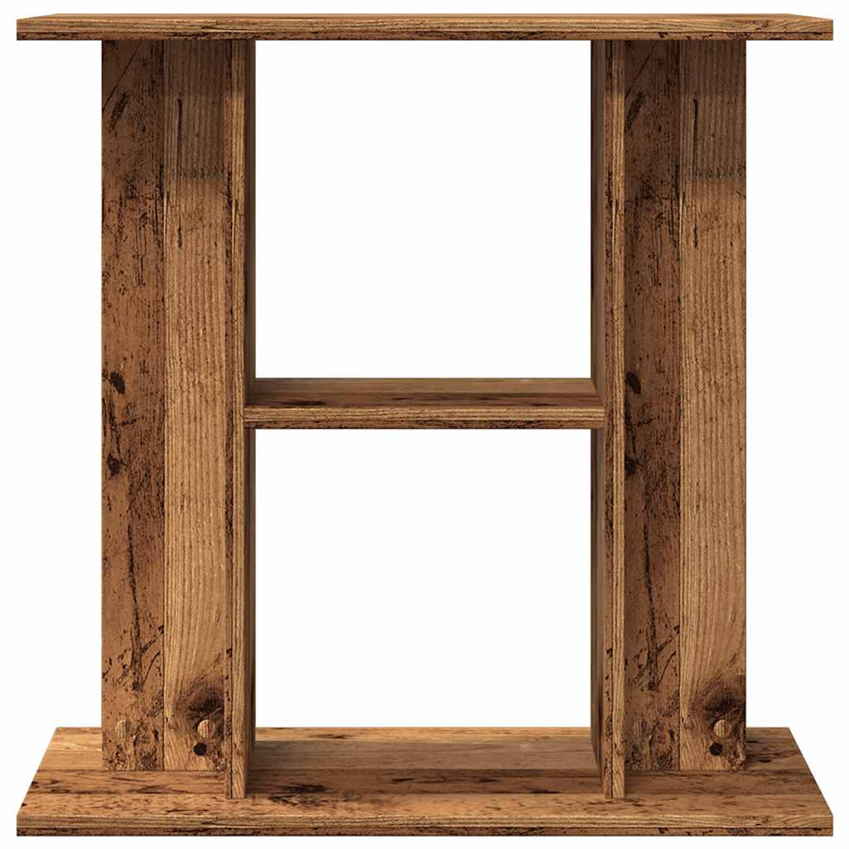 Hölzerne H-förmige Struktur mit Oberteil, mittlerem Regal und Sockel.