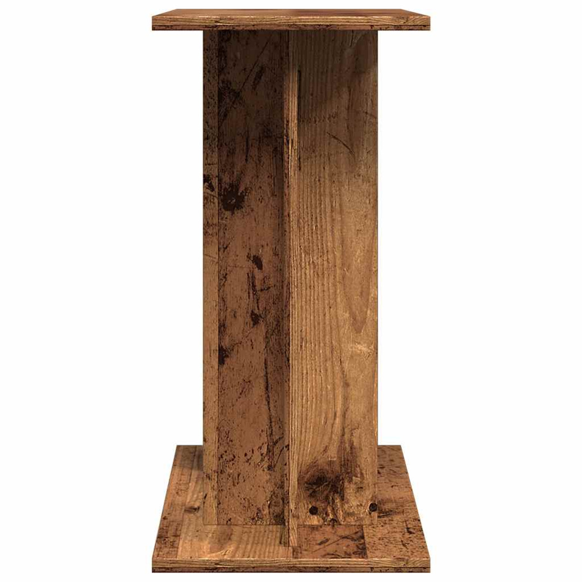 Ein Holzständer mit quadratischer Ober- und Unterseite. Es hat eine rechteckige Mittelsäule.