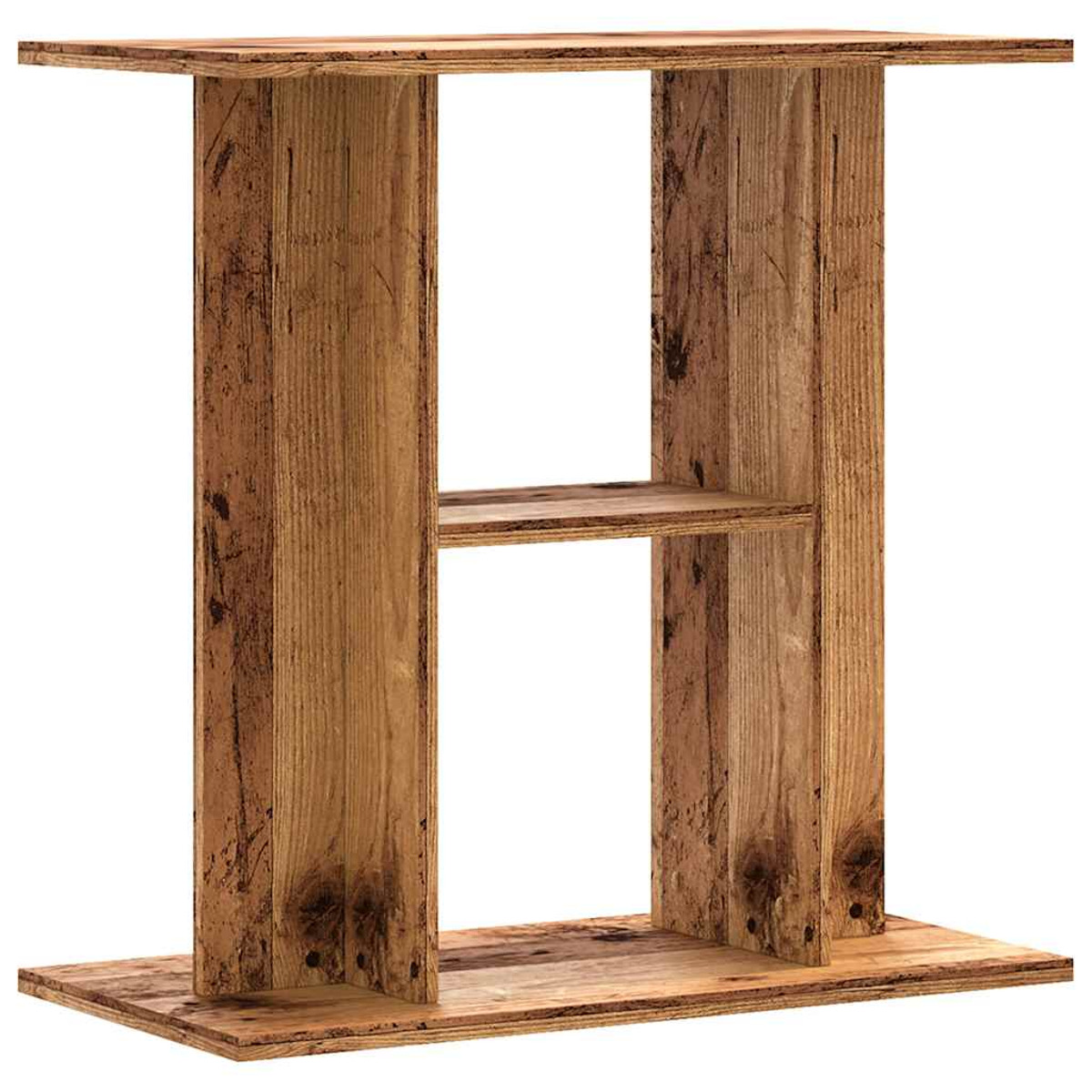 Holzständer mit drei Regalen, ein einfaches Design, isoliert auf weißem Hintergrund.