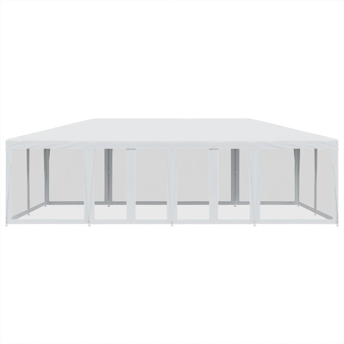 Un gazebo rettangolare bianco con lati trasparenti su una superficie bianca.