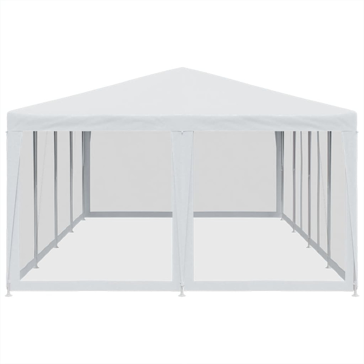 Tenda a baldacchino bianca con lati a rete. La tenda è vuota.