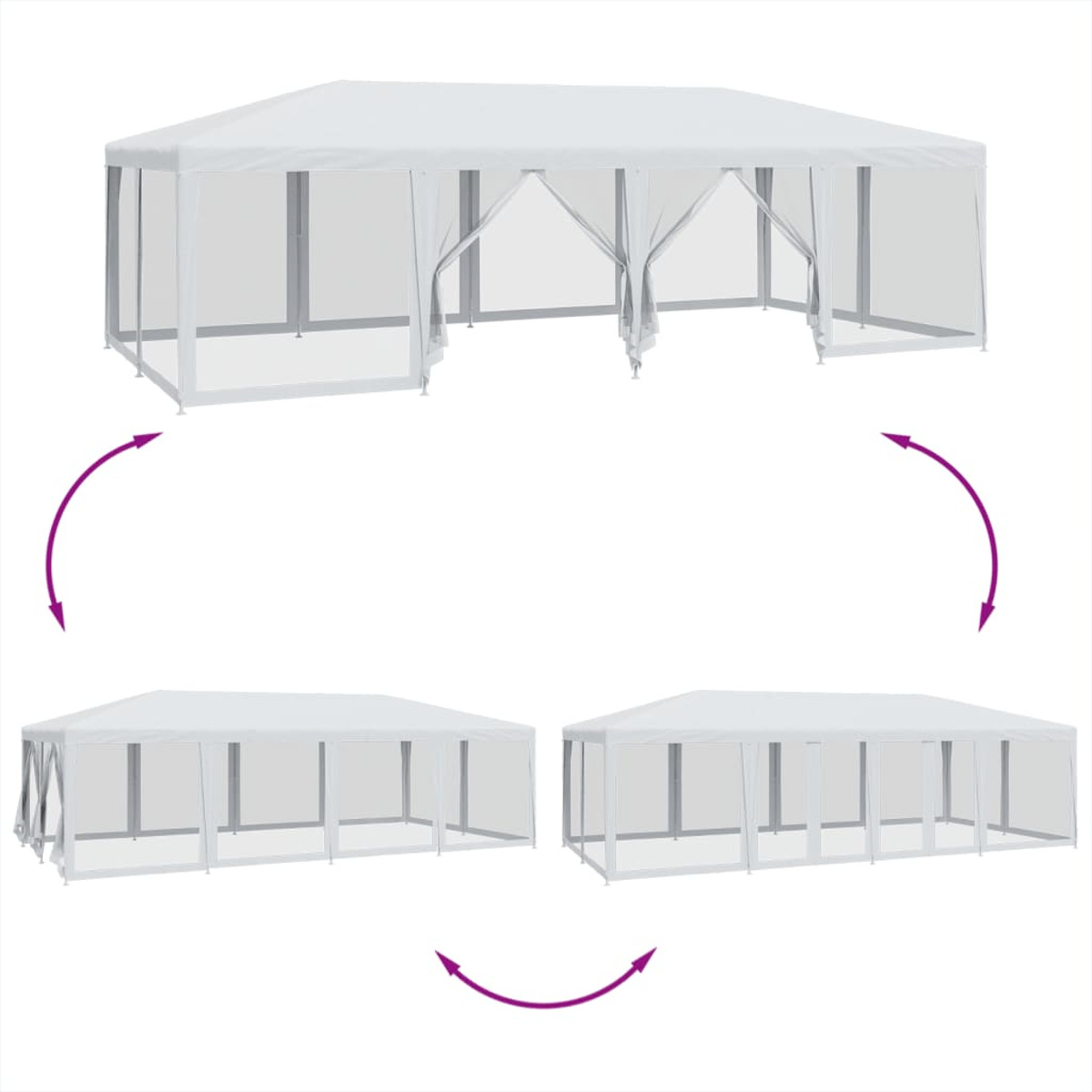 Un gazebo bianco in tre viste: completamente assemblato e due viste laterali.