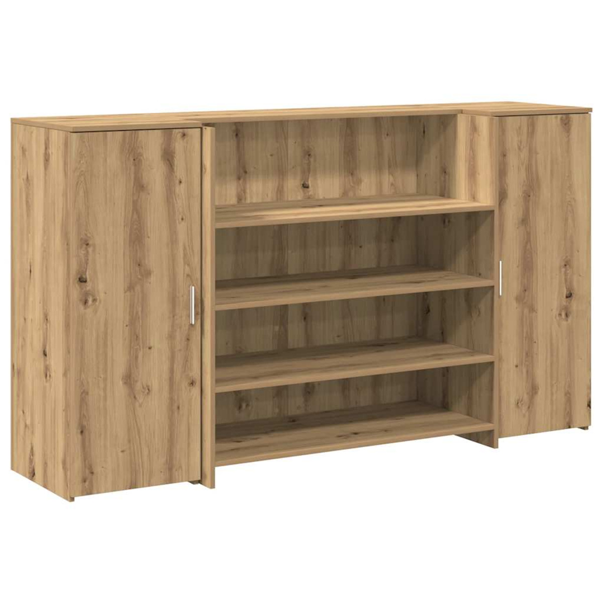 Holzschrank mit Türen und offenen Regalen. Hellbraunes Holzmaserung. Moderner Stauraum.