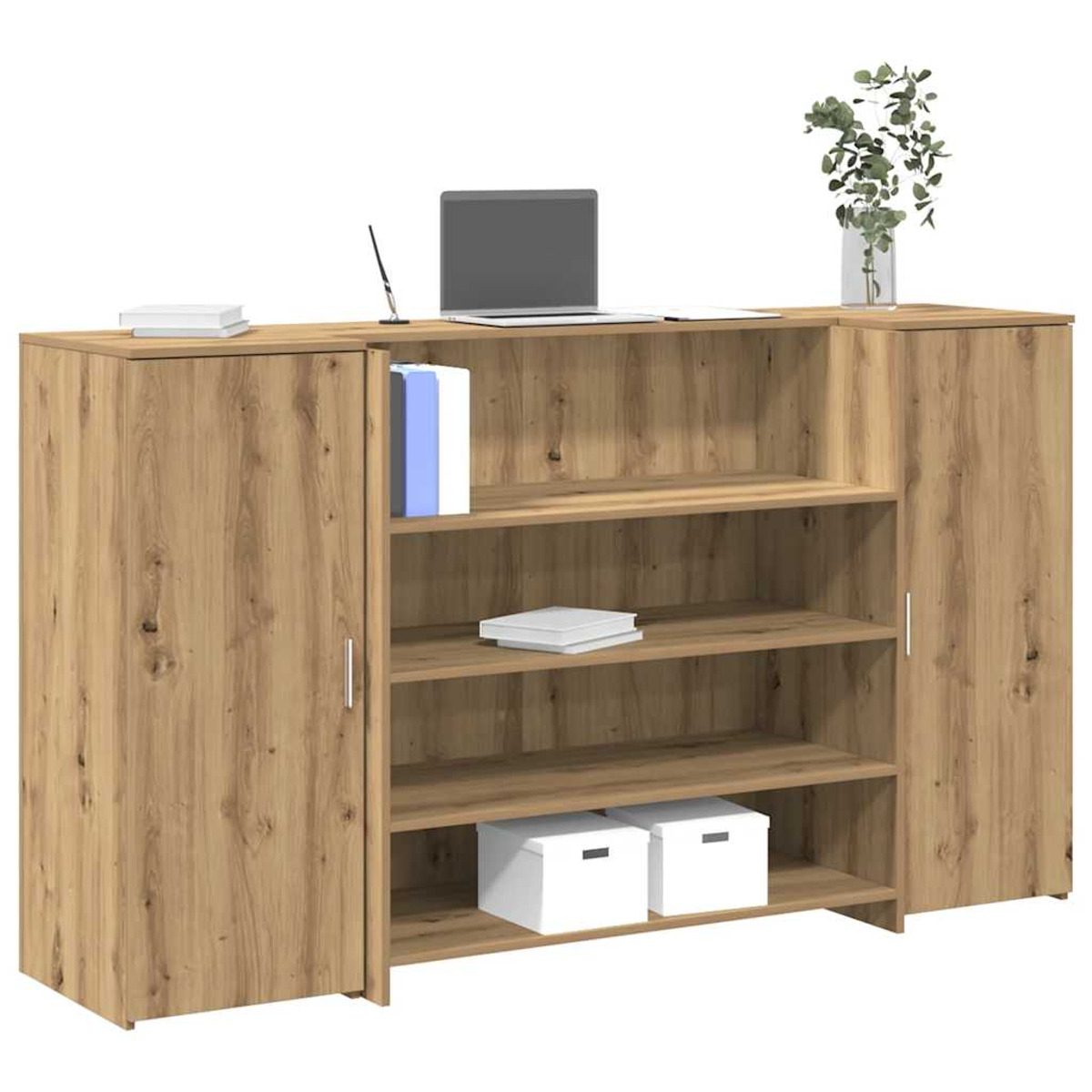 Ein Holzschrank mit Regalen, Büchern und weißen Boxen, plus Laptop und Pflanze oben drauf.