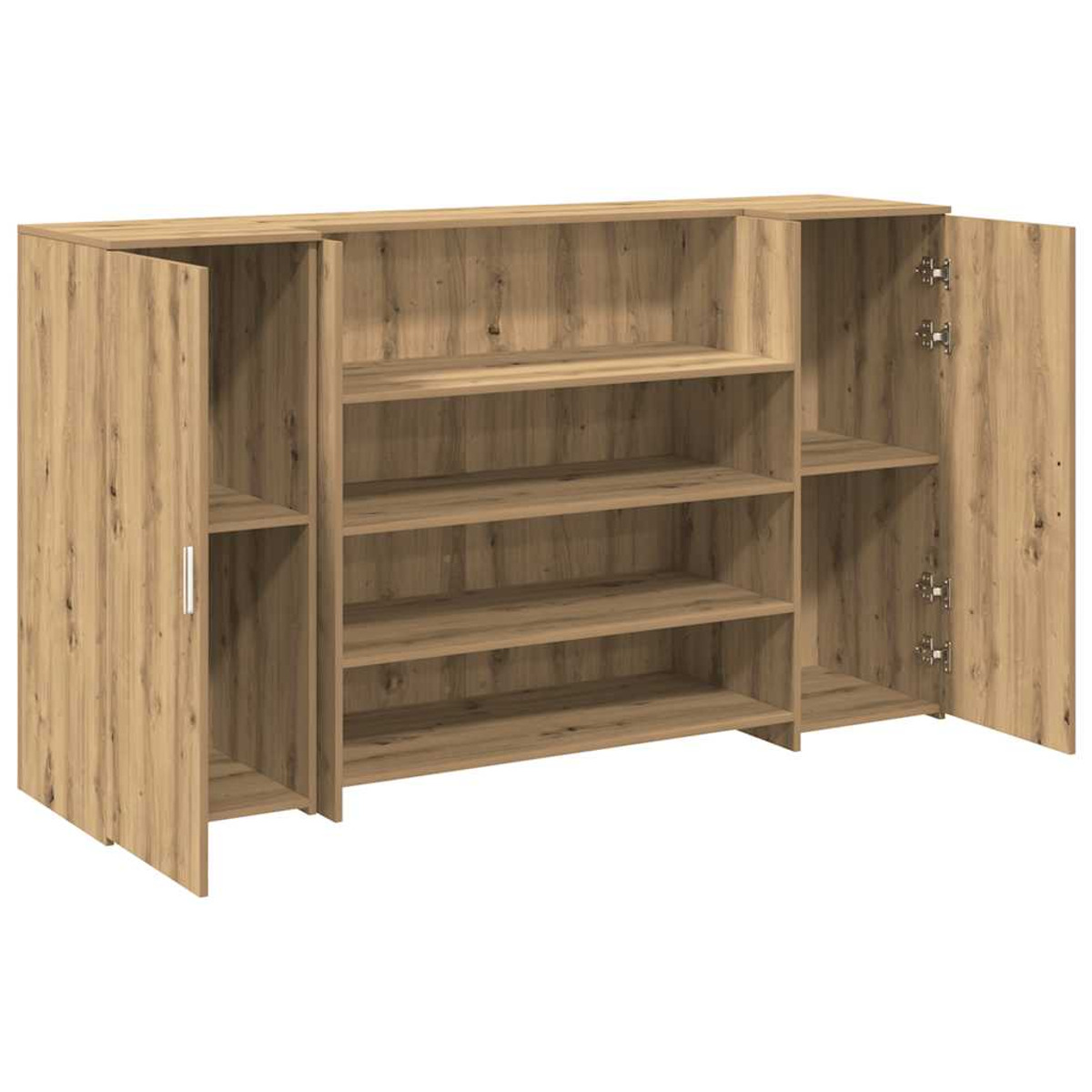 Holzschrank mit offenen Türen, mehreren Regalen und sichtbarer Innenausstattung.