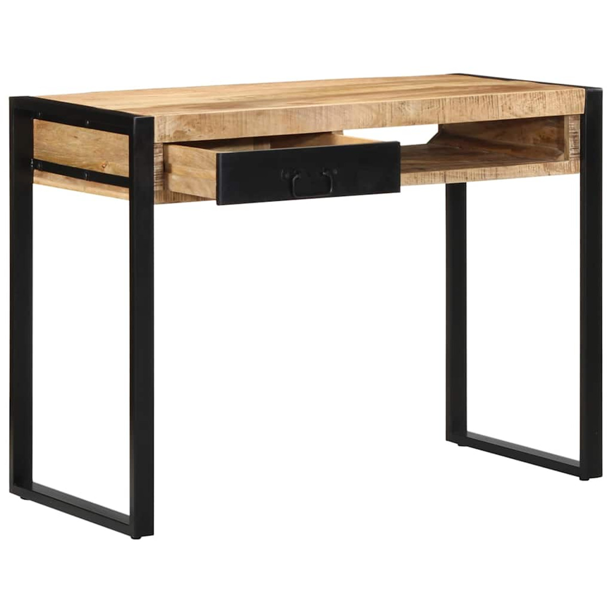 Holzschreibtisch mit schwarzen Beinen, einer Schublade und einem Regal. Eine Schublade ist geöffnet.