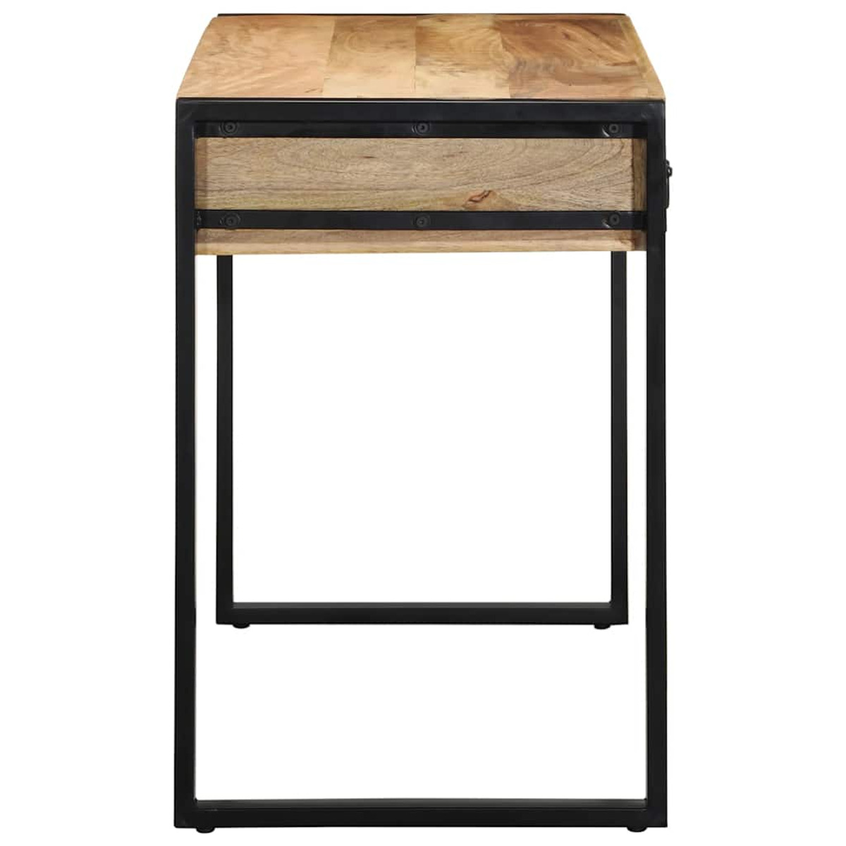 Holzschreibtisch mit schwarzem Metallrahmen.