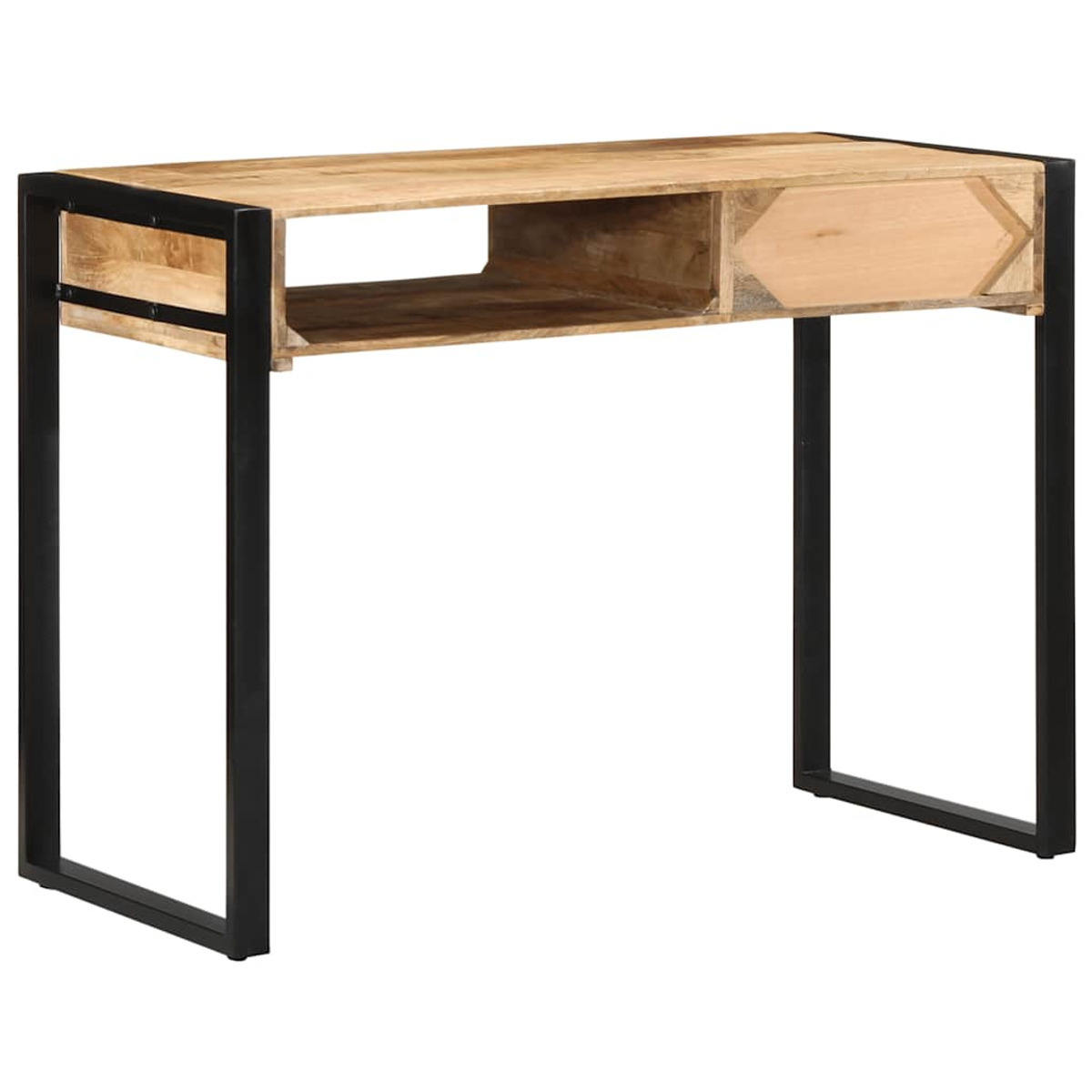 Holzschreibtisch mit schwarzen Metallbeinen und einer Schublade. Helle Holzfarbe.