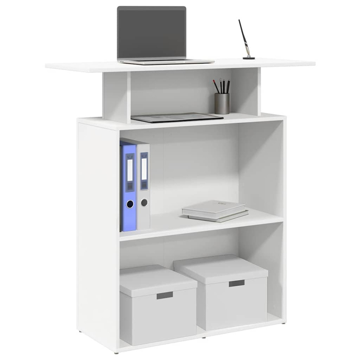Weißer Stehtisch mit Laptop, Ordnern und Boxen, mit verstellbarer Oberseite.