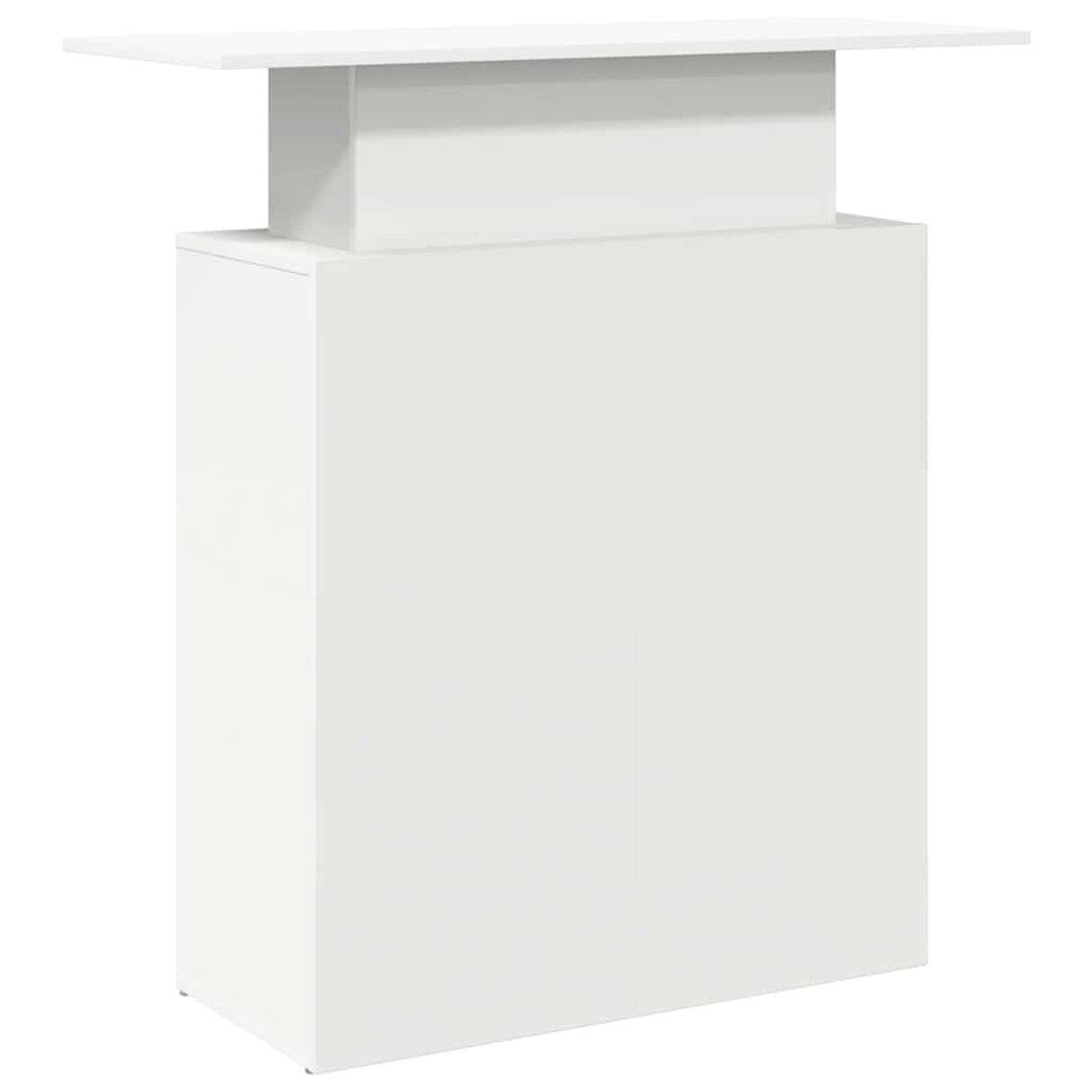 Ein weißer Bartisch mit rechteckiger Ober- und rechteckiger Basis.