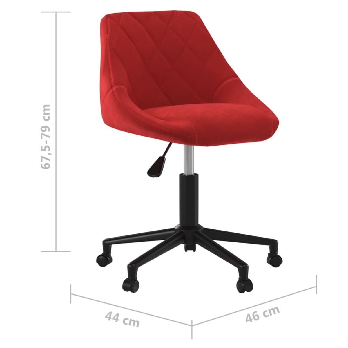 Roter Bürostuhl mit schwarzem Gestell und Rollen. Abmessungen: 67,5-79cm Höhe und 44x46cm.