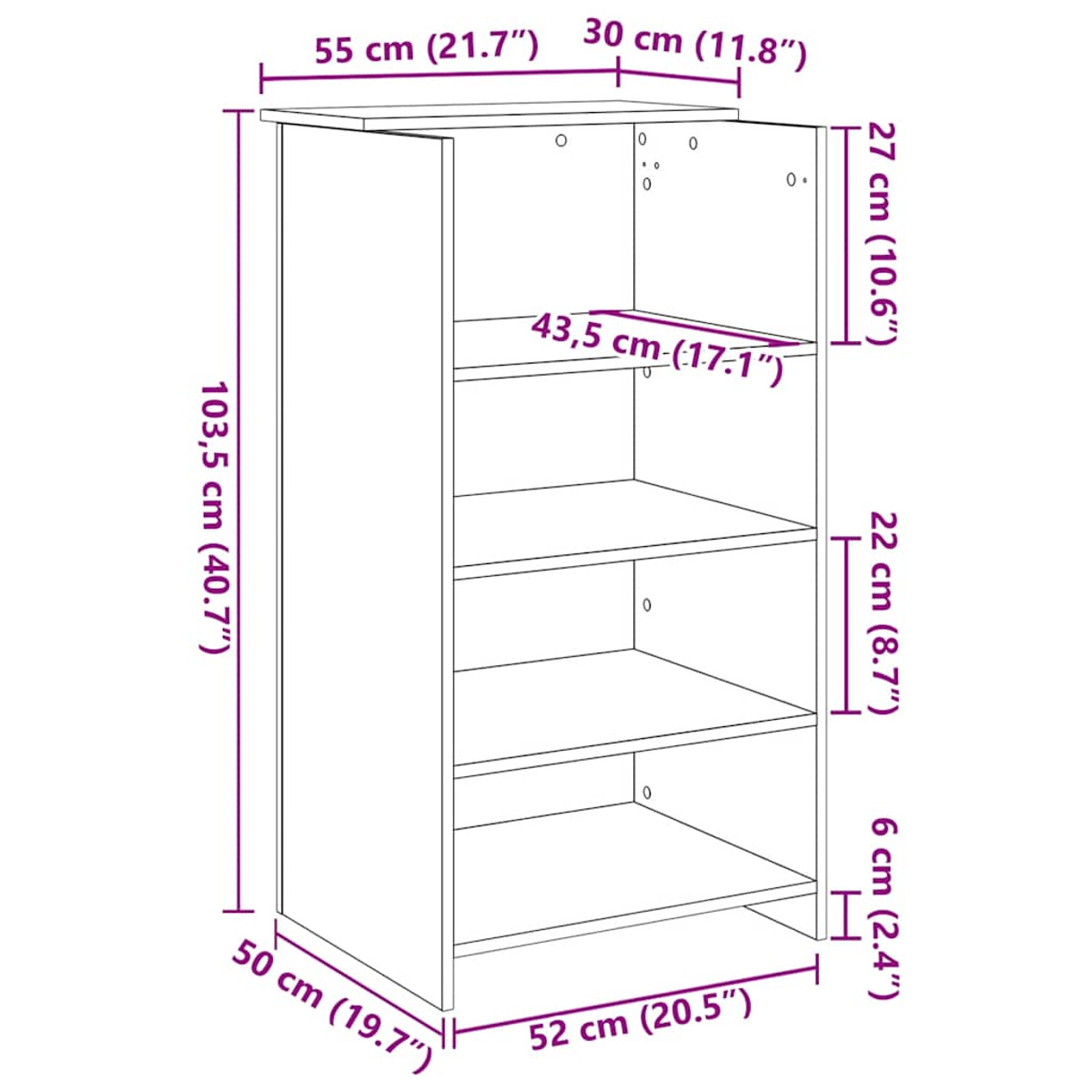 Ein weißer Schrank mit Regalen, mit Abmessungen gemessen. Der Schrank hat eine rechteckige Form.
