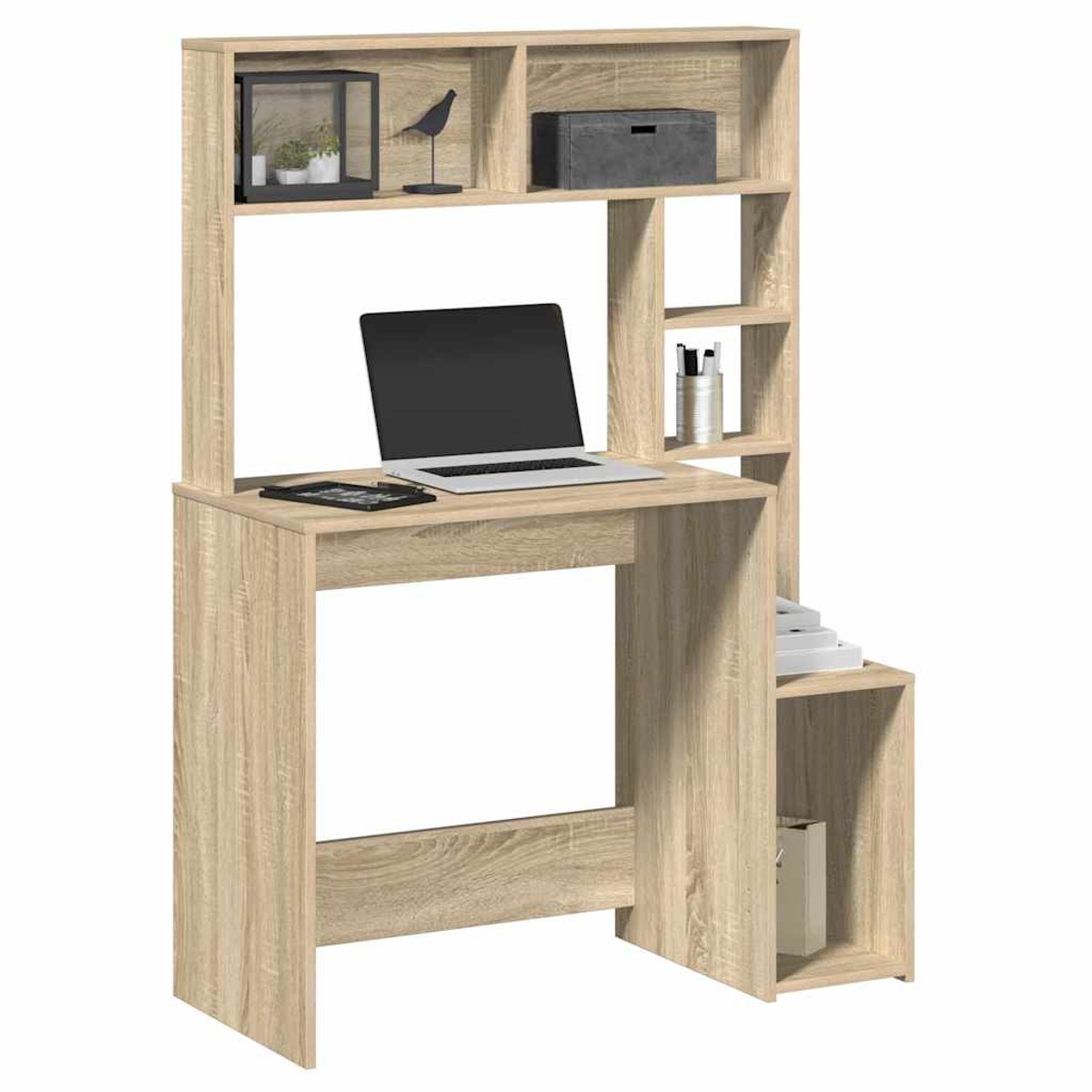 Ein hellbrauner Holzschreibtisch mit Aufsatz, Laptop und Zubehör.